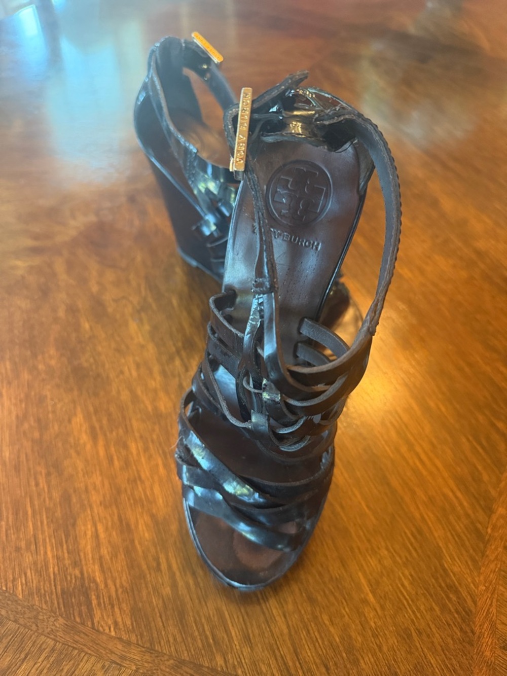 Tory Burch Black Leather Strappy Wedge Sandals with Gold Accents